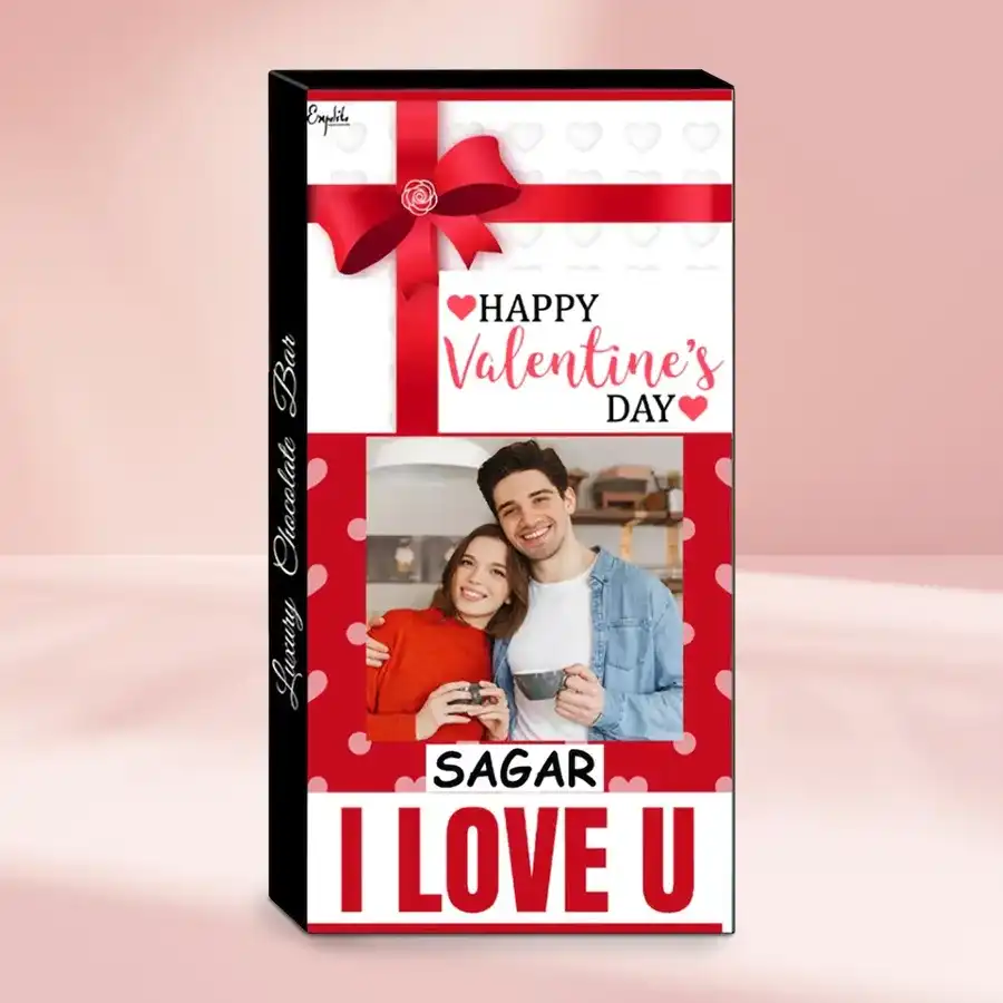 Elegant personalized handmade chocolate gift box with assorted chocolates inside, designed for Valentine's Day gifting.