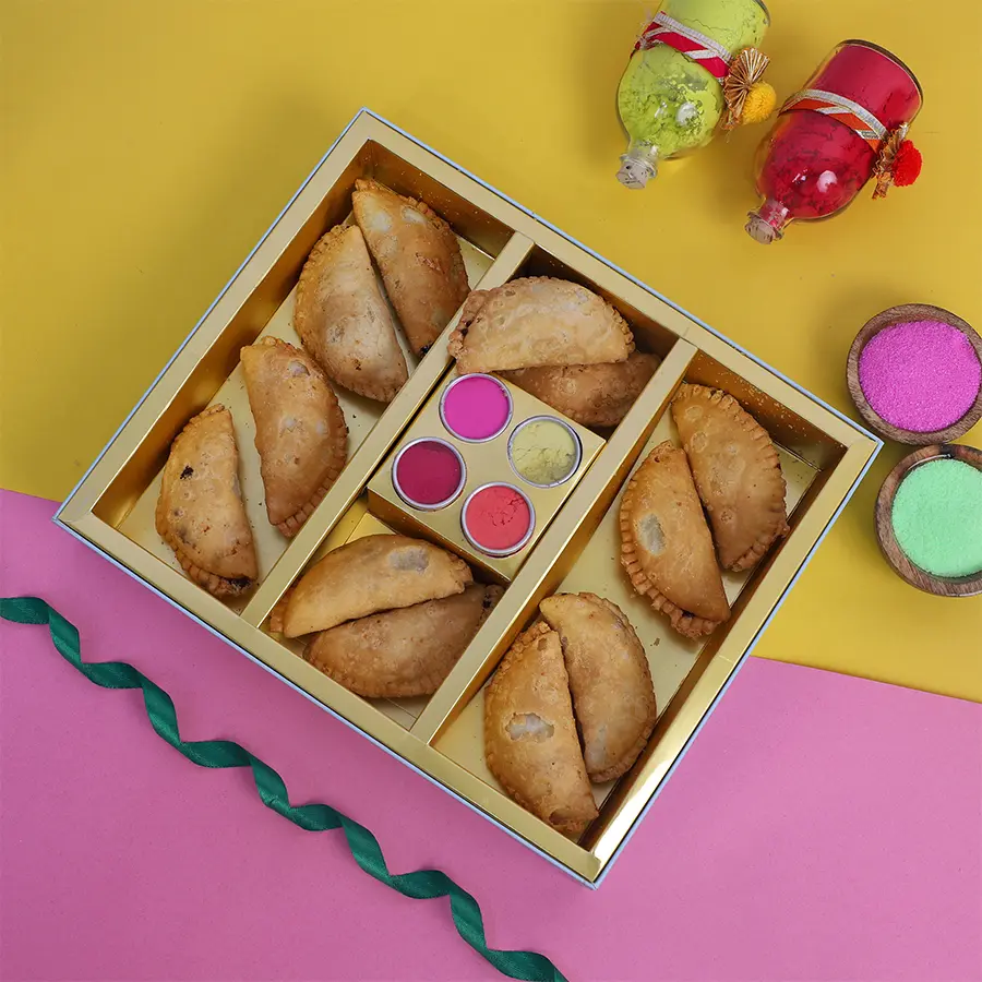 Delicious Baked Gujiya Treat Gift Box with 12 homemade gujiyas and vibrant gulal for Holi celebrations