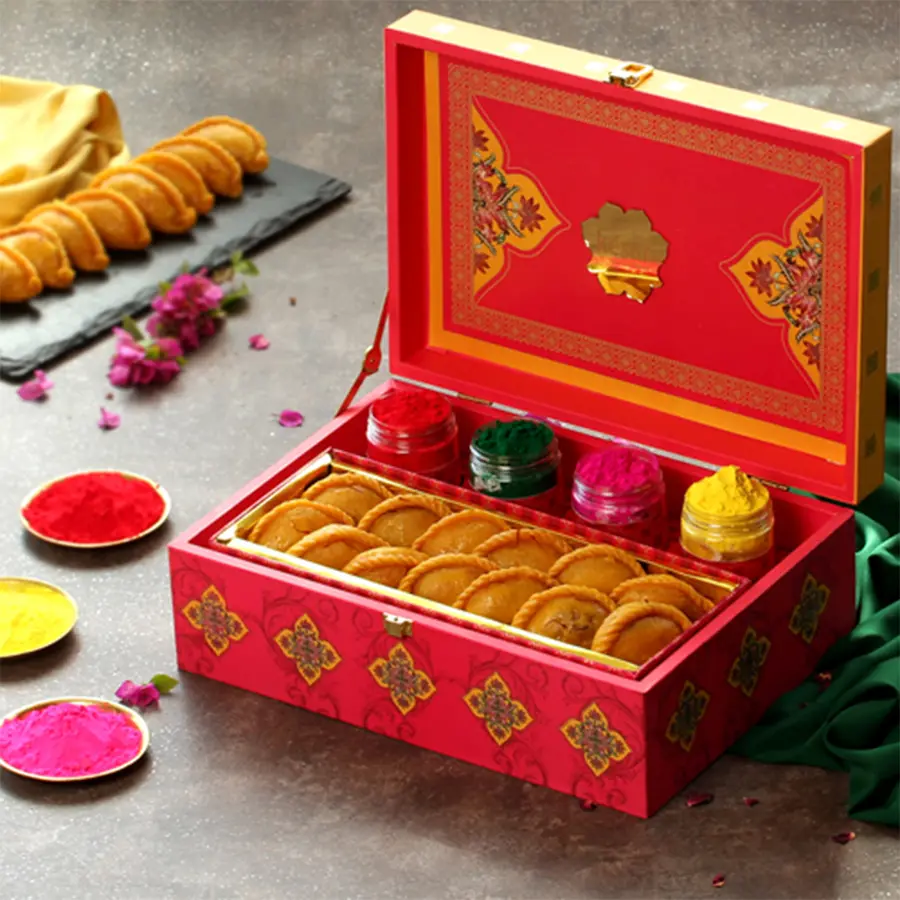 Sweet N Colorful Holi Gift Box with Kesar Gujiya, herbal colors, greetings card, and premium packaging