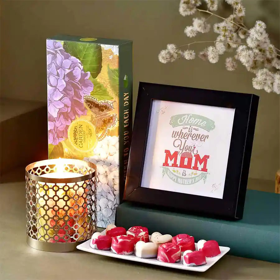 Adoring Gift Hamper for Mom with photo frame, chocolate set, scented candle, and T-light holder