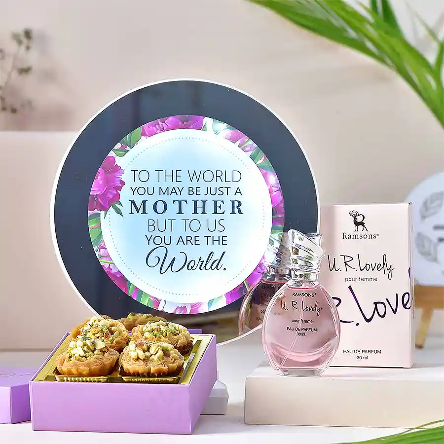 Perfect Surprise Combo for Mom featuring a MOM Magic Mirror, Ramsons Pour Femme Perfume, and Garden Bakery Tart Baklawa pieces