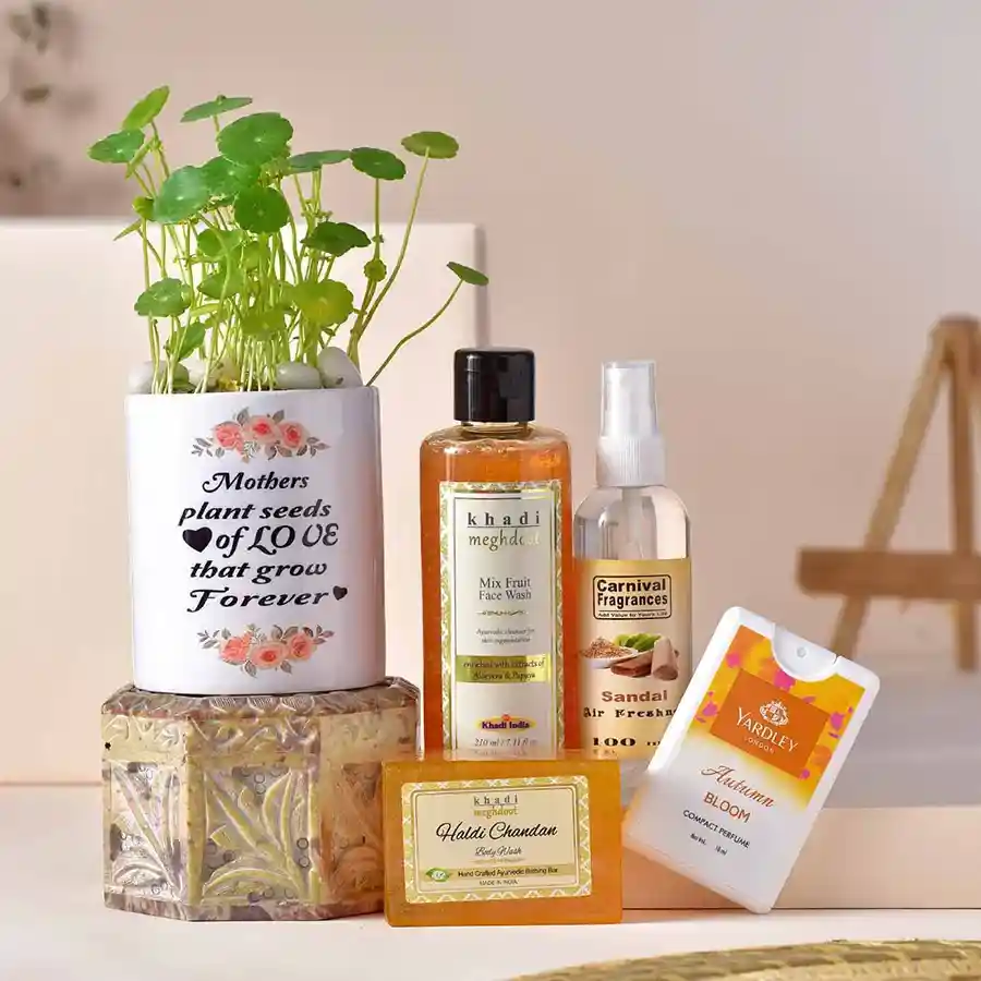 Special Thank You Mom Hamper featuring a planter, face wash, body wash soap, perfume, and air freshener