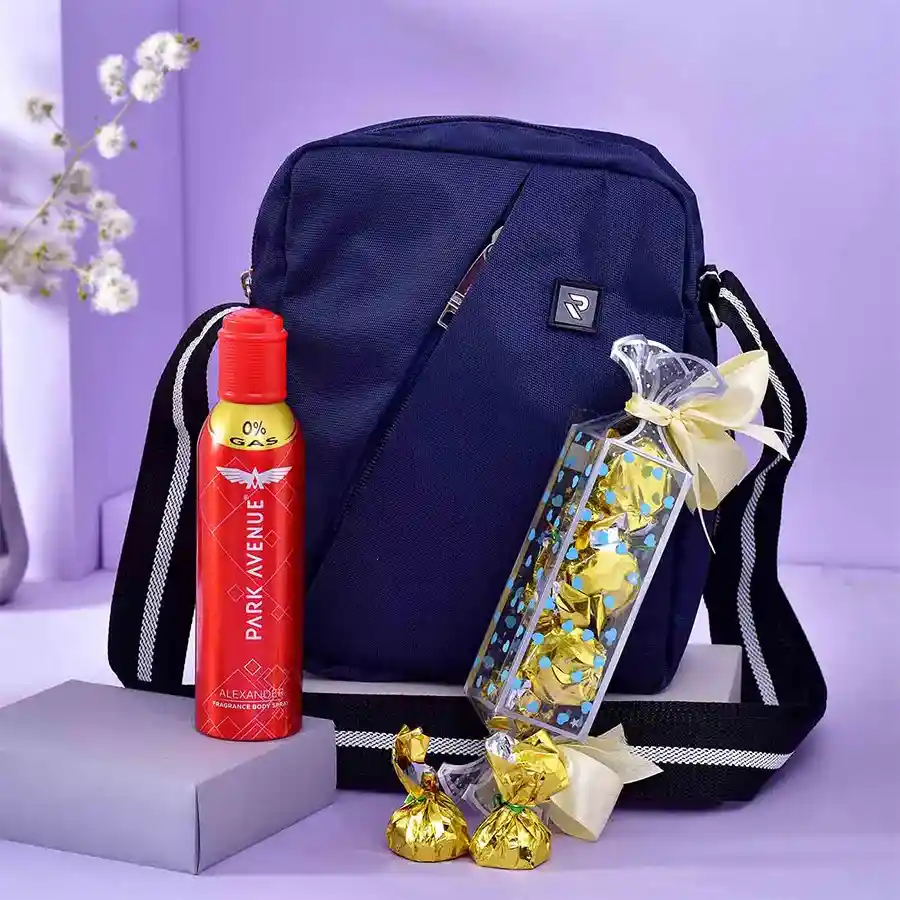 Gift pack featuring a perfume, handmade chocolates, and a sling bag for Father's Day or special occasions.