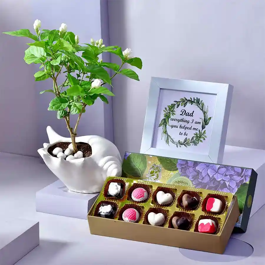 Fragrant Bloom Hamper for Dad featuring a Dad Appreciation Frame, assorted chocolates, and a Mogra Plant in a ceramic pot.