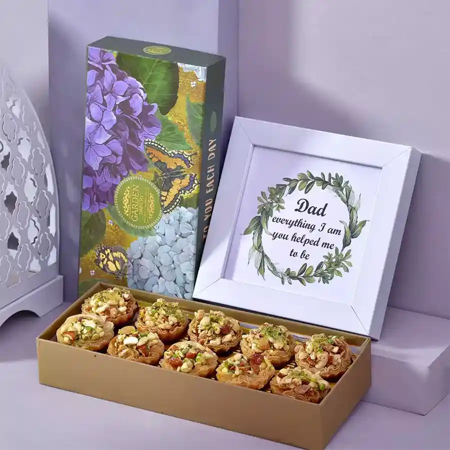 Thoughtful gift hamper for Dad featuring a Dad Appreciation Frame and a Garden Bakery Tart Baklawa Box.