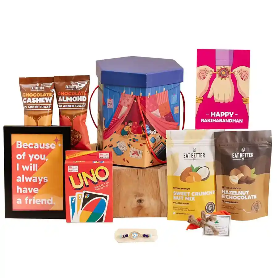 Funky Sister Raksha Bandhan Mixed Bag featuring Evil Eye Rakhi bracelet, dry fruit packs, photo frame, and healthy chocolates in a vibrant Uno-inspired box