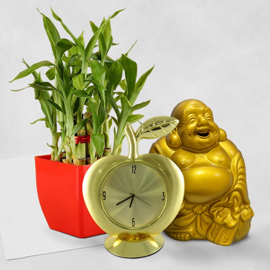 Hearty hamper featuring a 2 tier Lucky Bamboo plant, a Golden Laughing Buddha, and a Golden Apple Shaped Metal Table Clock arranged together in an elegant presentation.