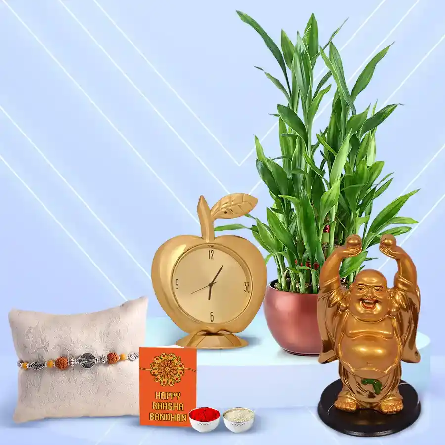 Good Luck Hamper featuring Lucky Bamboo Plant, Golden Laughing Buddha, and Golden Apple-Shaped Metal Table Clock