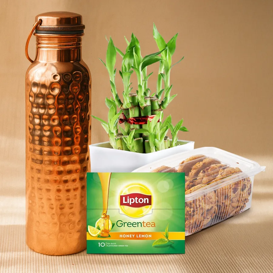 Rejuvenating Gift Set for Retirement featuring a Hammered Copper Bottle, 2-Tier Bamboo Plant, Dry Fruit Cookies Pack, and Green Tea Diffuser with tea bags