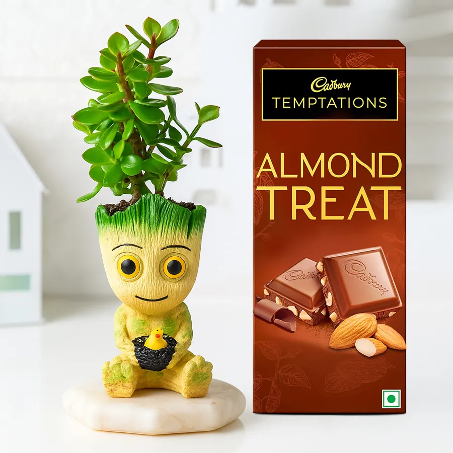 A Jade Plant in a Groot-designed pot with a box of Cadbury Temptations Almond treats, surrounded by decorative elements for a retirement gift.