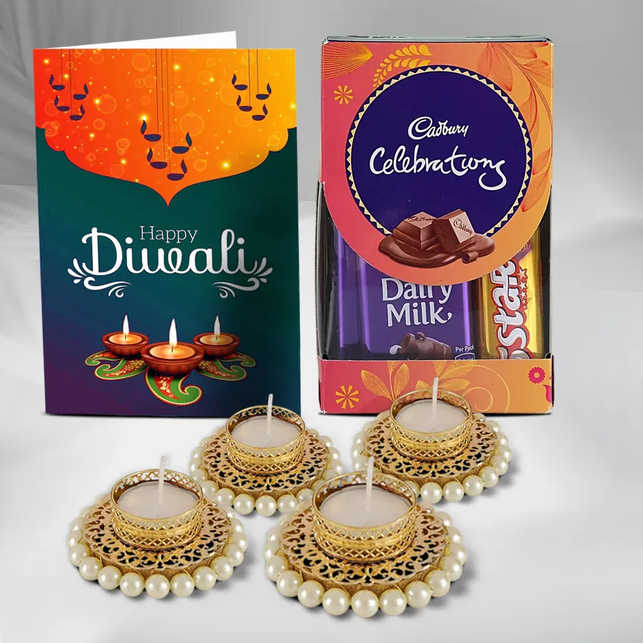 Diwali Special Diya N Chocolate Box featuring Cadbury Celebrations chocolates, four pearl T-light candles, and a Happy Diwali greetings card