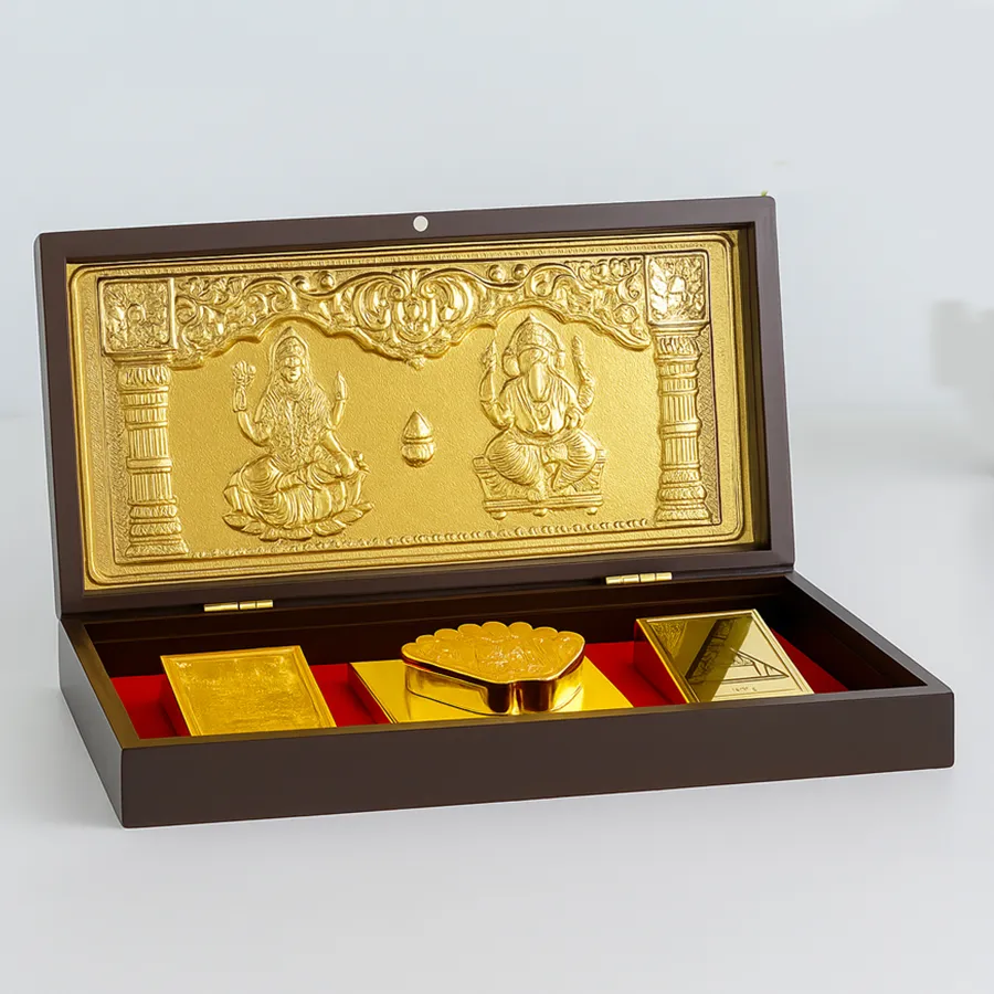 Illuminating Diwali Laxmi Ganesh Gift Box featuring a 24 Carat Gold Foil Shri Lakshmi Ganesh Prayer Box against a festive background