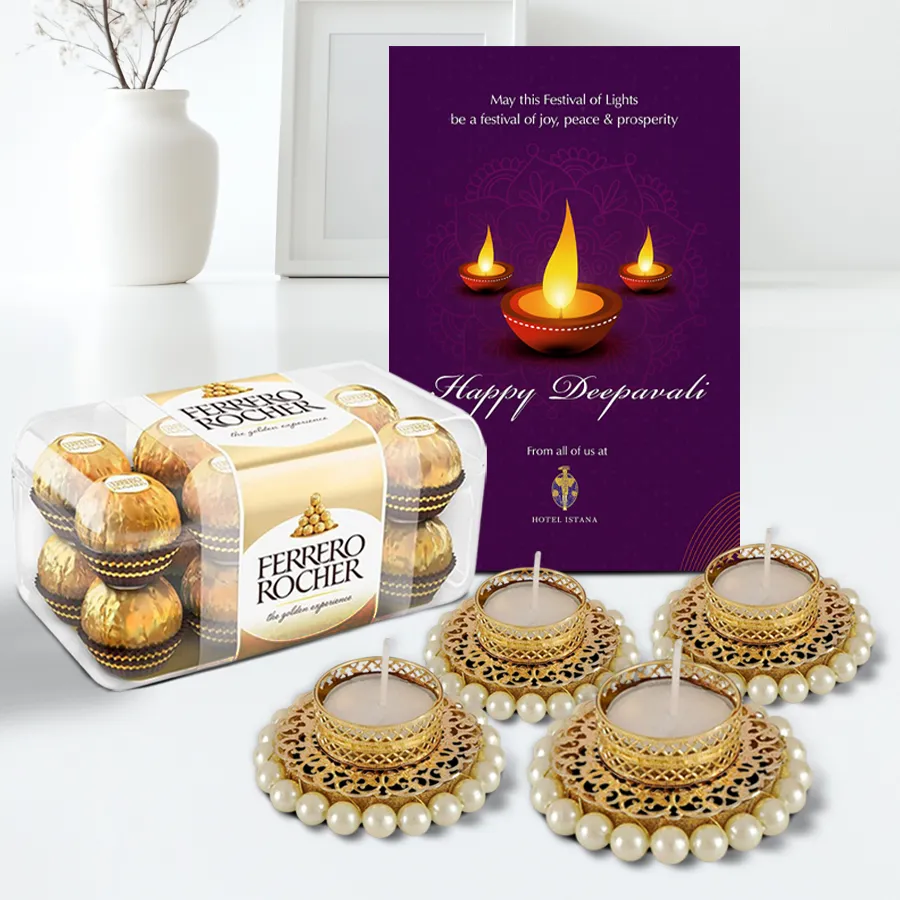Sweet Sparks Diwali Diya Chocolate Box featuring 16 Ferrero Rocher chocolates, four Designer Pearl T-Light Candles, and a Happy Diwali Greetings Card