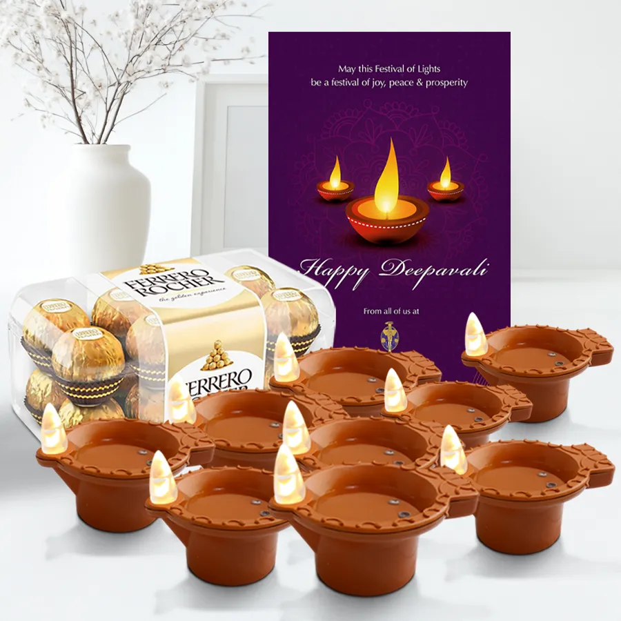 Choco Glow Gala Diwali Sparkle Hamper with Ferrero Rocher chocolates, LED diyas, and a Happy Diwali card