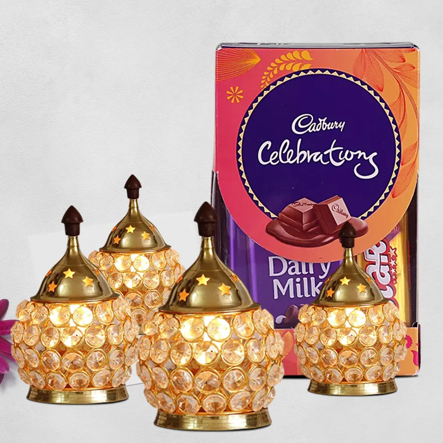 Diwali Delights Combo featuring Cadbury Celebrations chocolates and four elegant crystal LED lights