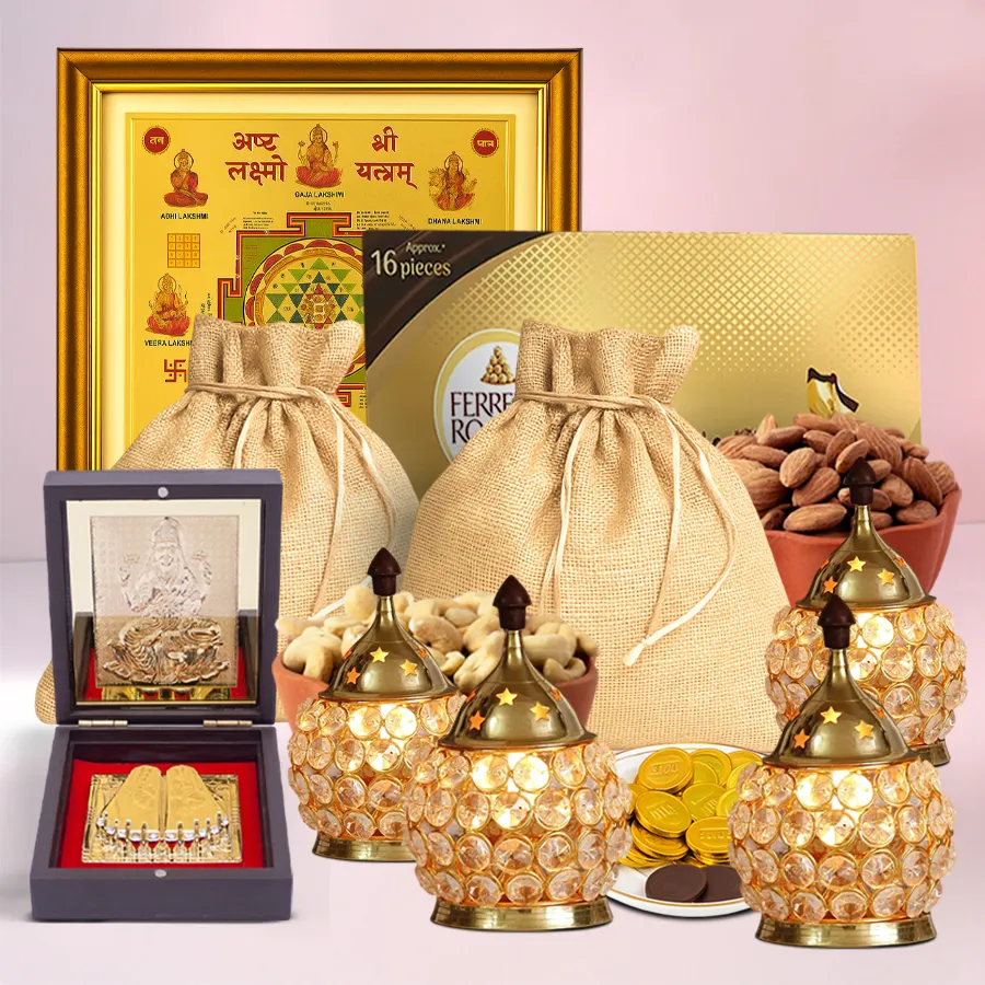 Choco Nutty Charm Diwali Elegance Hamper featuring Ferrero Rocher Moments, premium cashews and almonds in jute potlis, gold coin-shaped chocolates, Shri Shri Lakshmi Yantram, Ganesh Lakshmi Charan Paduka prayer box, and designer crystal LED lights.