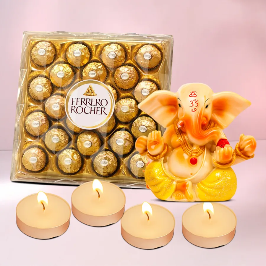 Radiant Diwali Treasures Gift Box featuring 24 Ferrero Rochers, a Vignesh Ganesh idol, and four Designer Crystal LED Lights