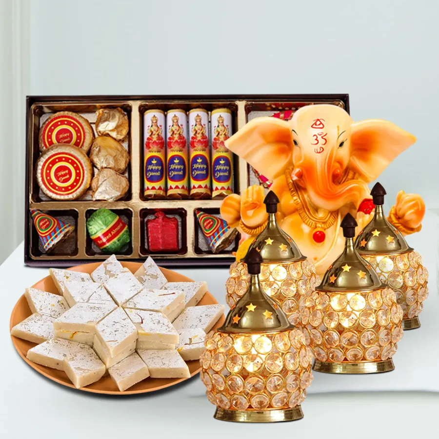 Prosperous Diwali Bliss Gift Hamper featuring a Ganesh idol, Kaju Katli, handmade chocolates, and crystal LED lights