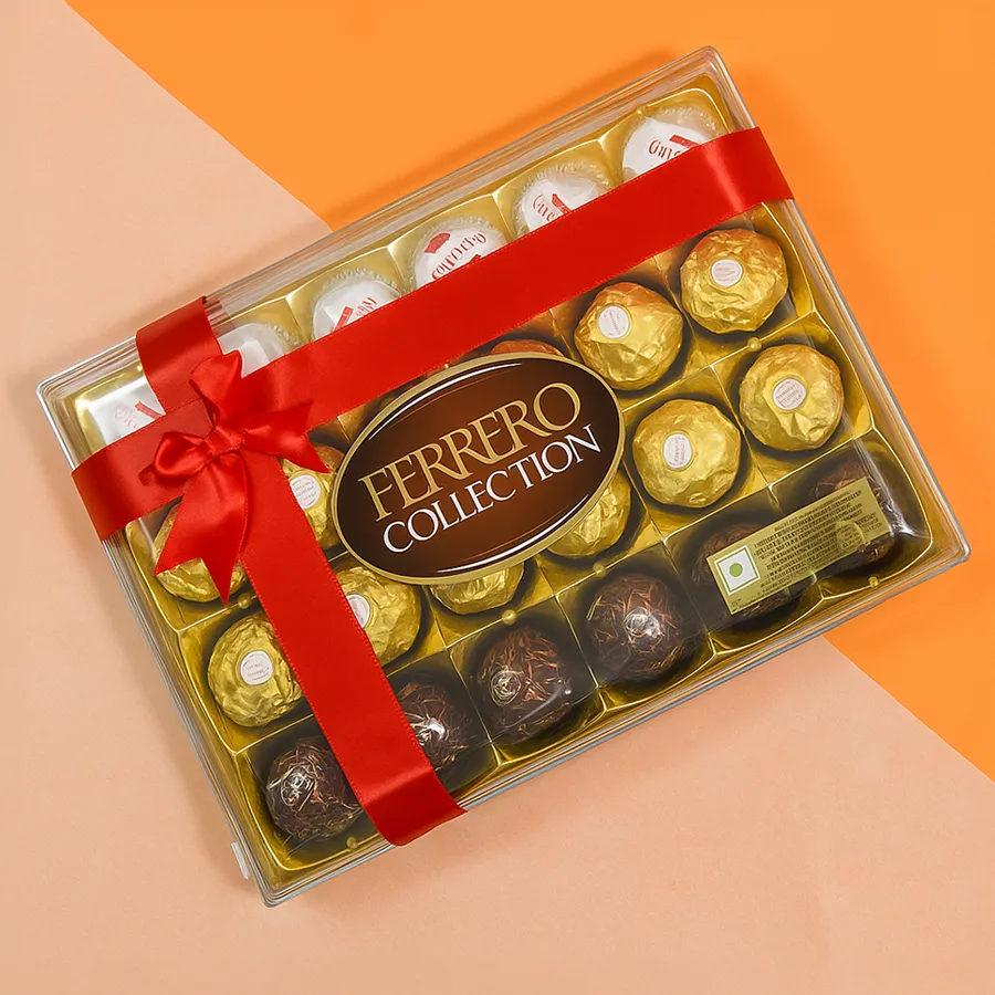 Irresistible Ferrero Gift Hamper with 24 assorted chocolates including Ferrero Rocher, Ferrero Rondnoir, and Ferrero Raffaello, elegantly presented for Diwali celebrations.