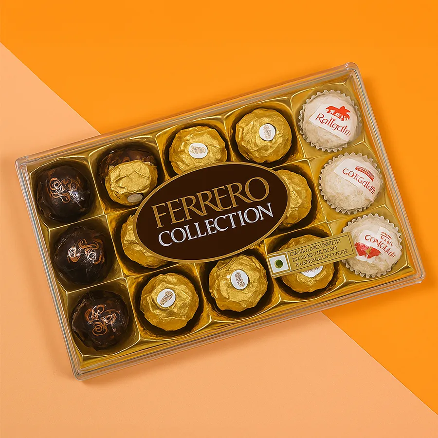 Diwali Ferrero Delicacies Extravaganza hamper featuring assorted Ferrero chocolates including Ferrero Rocher, Ferrero Rondnoir, and Ferrero Raffaello.