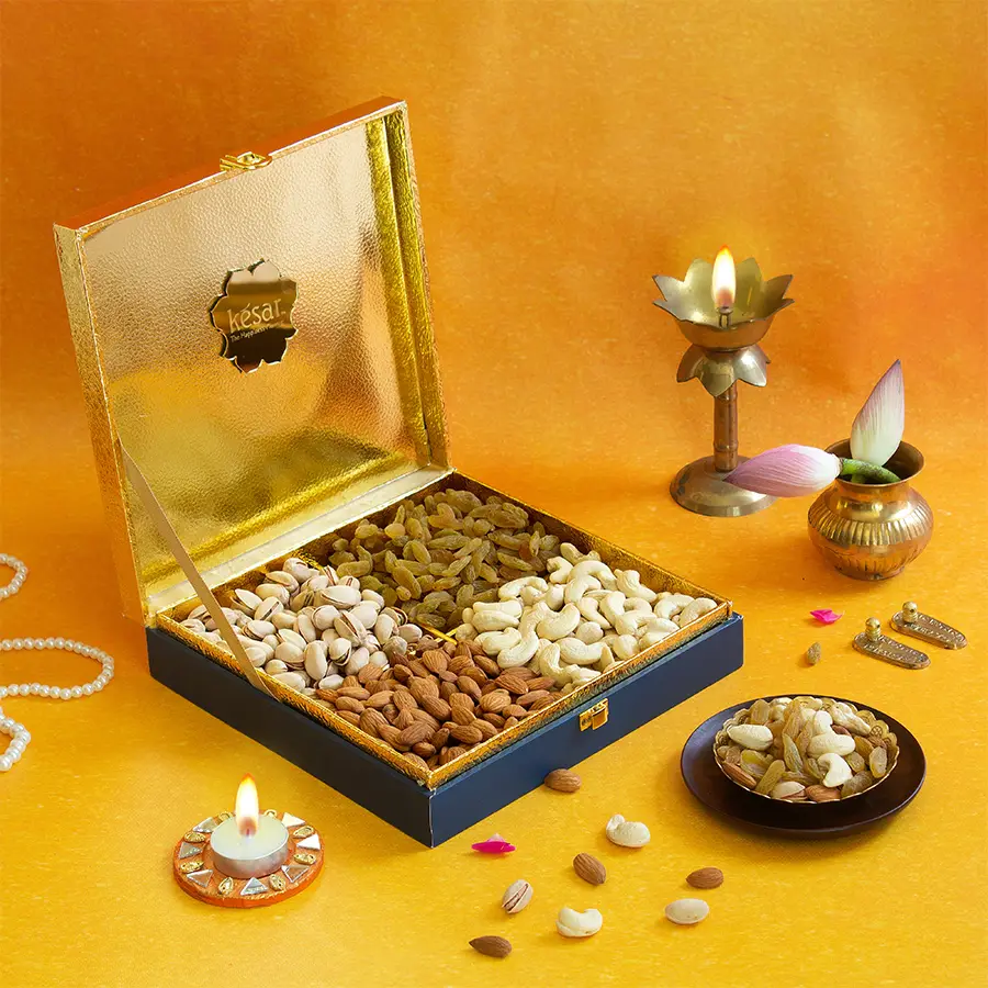 Joyful Diwali Nut Assortment Box featuring almonds, cashews, raisins, and pistachios in a decorative Diwali-themed package