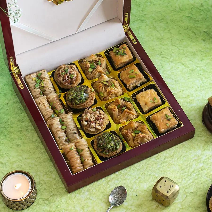 Elegant Baklava Feast Delight Box featuring a selection of premium baklava in a Diwali Wooden Lacquer gift box