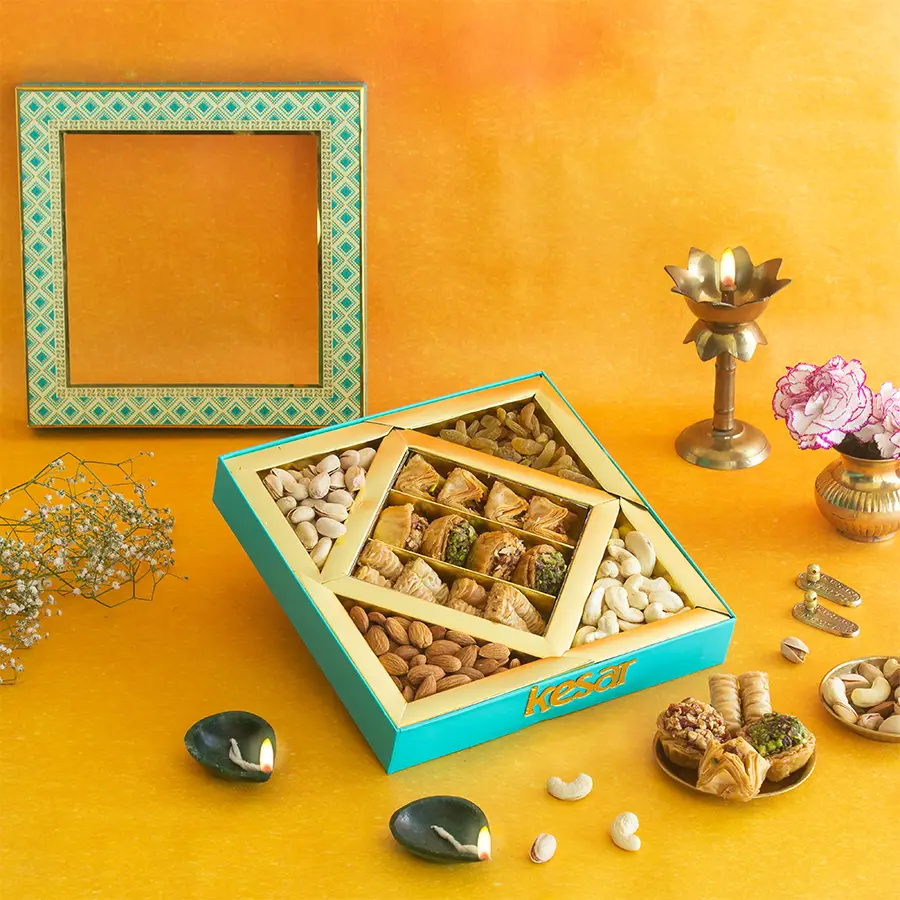 Baklava and dryfruit gift box with assorted treats and vibrant festive packaging