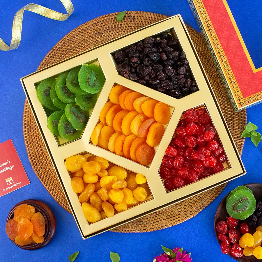 Exquisite Dried Fruits Assortment Box featuring sun-dried kiwi, Thai baby lemon, Canadian cranberry, juicy cherries, and sweet apricots in a decorative red and blue window box with a festive greeting card.