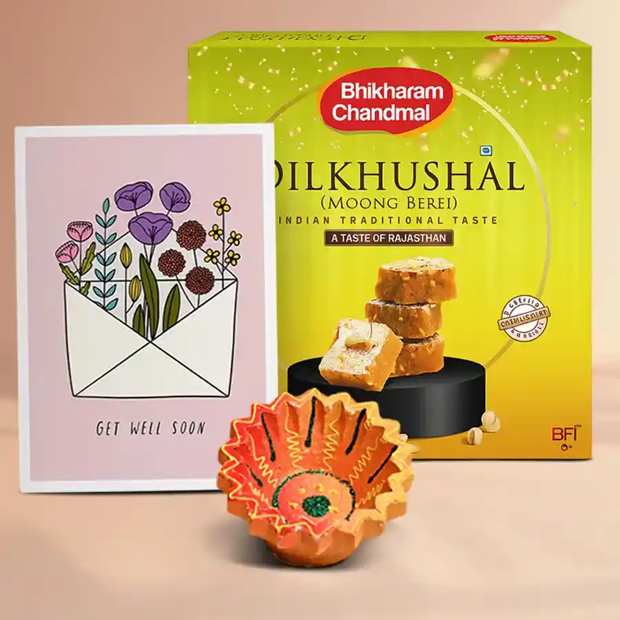Diwali Greetings Hamper with Diya, sweets, and message card