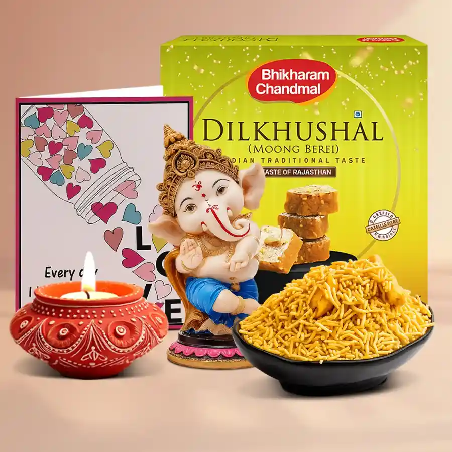 Diwali Treats Hamper featuring a Diya, Dilkhush sweets, Bhujia, Lord Ganesha showpiece, and a message card.