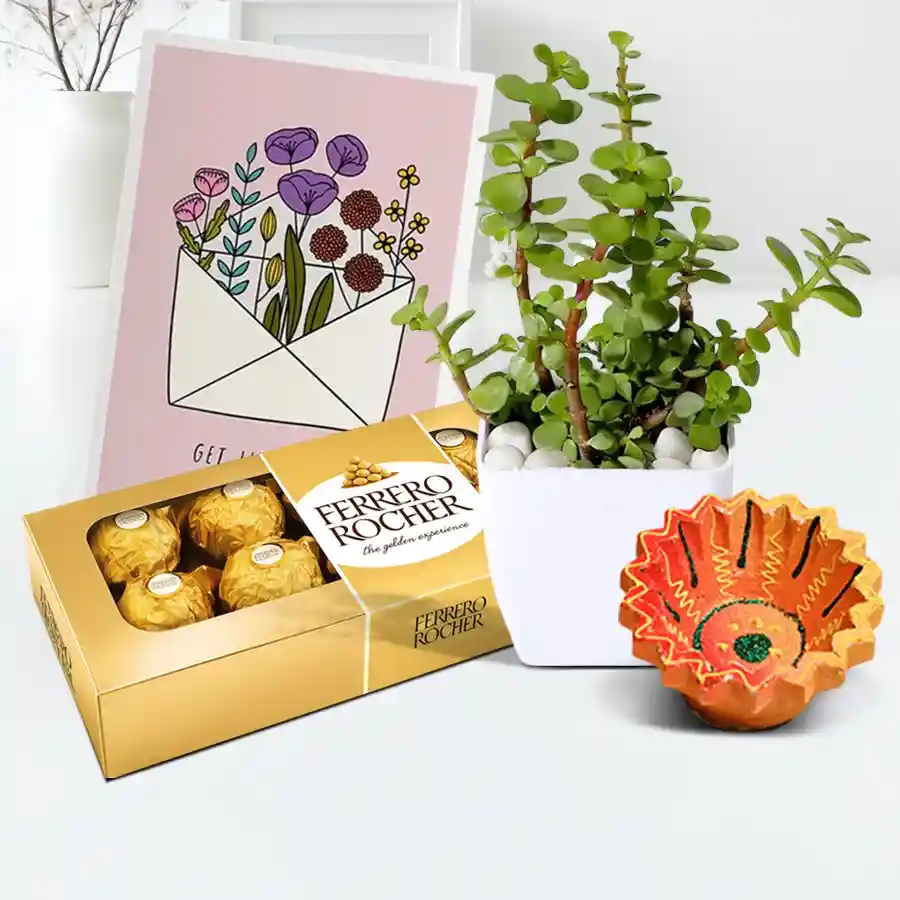 Diwali Greetings Hamper featuring a Diya, Ferrero Rocher chocolates, and a Jade Plant arranged with decorative greenery.