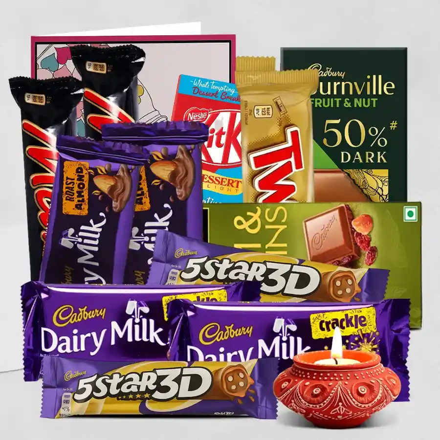 Diwali Chocolate Extravaganza Hamper featuring various chocolates, a decorative Diya, and a personalized message card