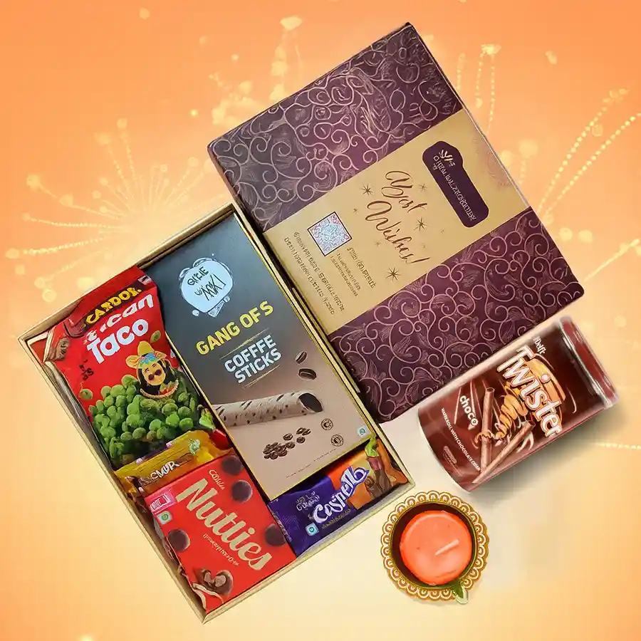 Diwalis Chocolate And More festive hamper featuring Diya, Gang of 5 Coffee Sticks, Cadbury Crispello, Nutties, 5 Star chocolate, and Tong Gargen Mexican Taco Green Peas.