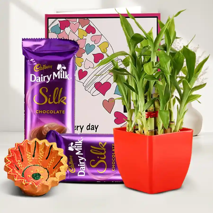 Diya, Bamboo plant, and Dairy Milk chocolate gift hamper for Diwali celebrations