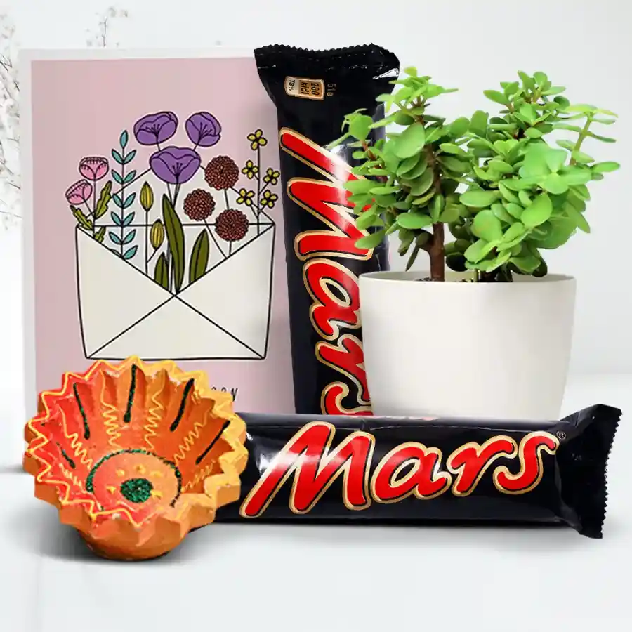 Festive hamper featuring a traditional Diya, two lush Jade Plants, and Mars Chocolate Bars, designed for Diwali celebrations.