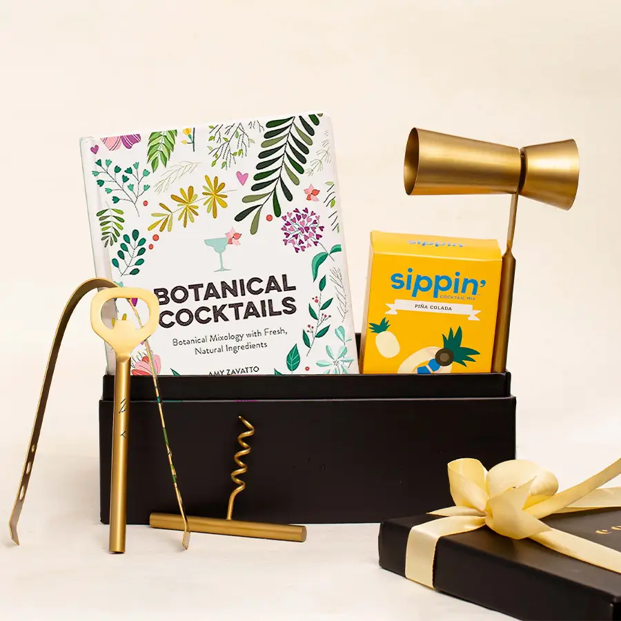 Deluxe Cocktail Kit Gift Box featuring cocktail tools, non-alcoholic mix, and a recipe book in a reusable black box