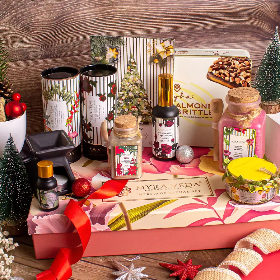 Myraveda Self Care Heritage Hamper featuring gourmet treats and organic wellness products