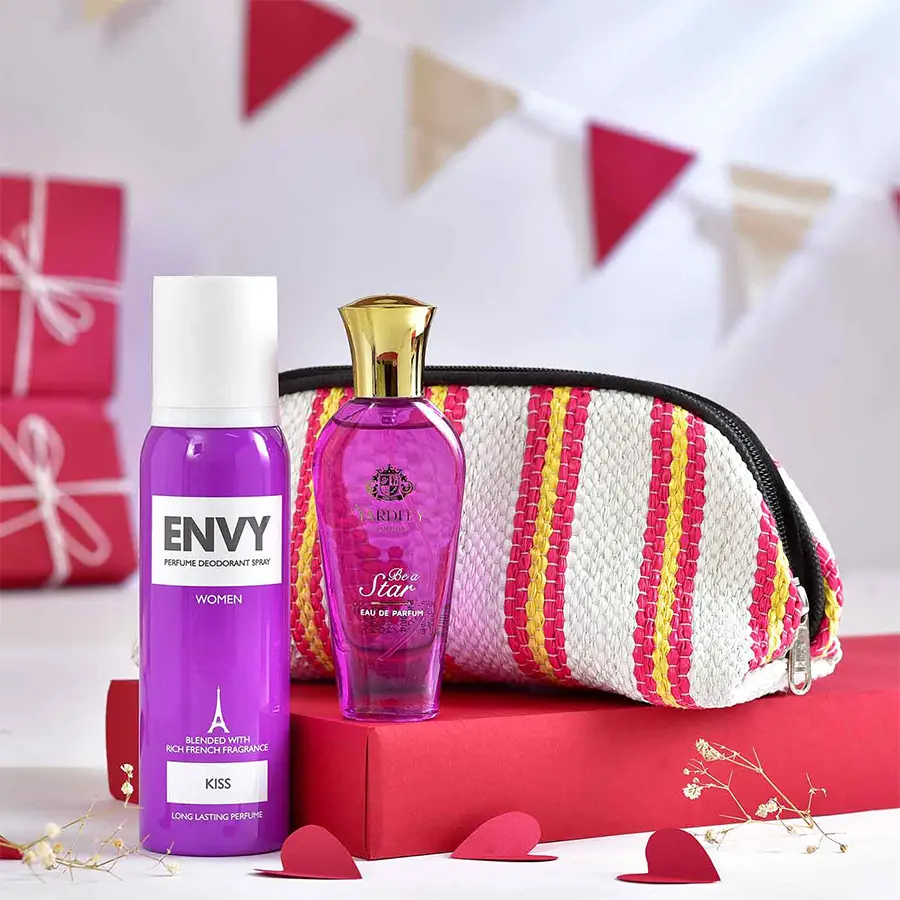 Fragrance Elegance and Fashionable Pouch Combo featuring Envy Kiss and Yardley London’s Be a Star fragrances with a vibrant multicolored washable pouch made from recycled plastic.
