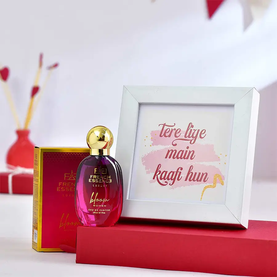 Classic Valentine Hamper for Her featuring a personalized white photo frame, French Essence Bloom Parfum, and an eco-friendly multicolored washable pouch