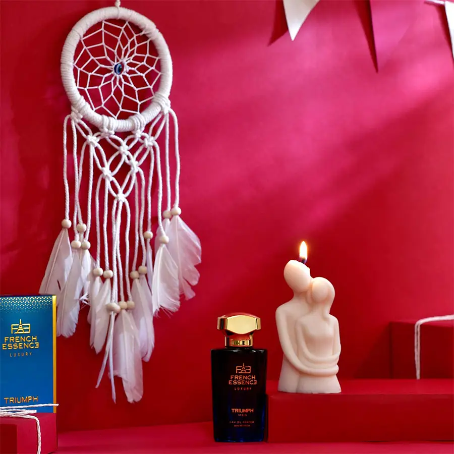 Captivating Dream Catcher N Fragrance Gift Set featuring a White Couple Fragrance Candle, a White Dream Catcher, and French Essence Luxury Triumph Parfum for Men