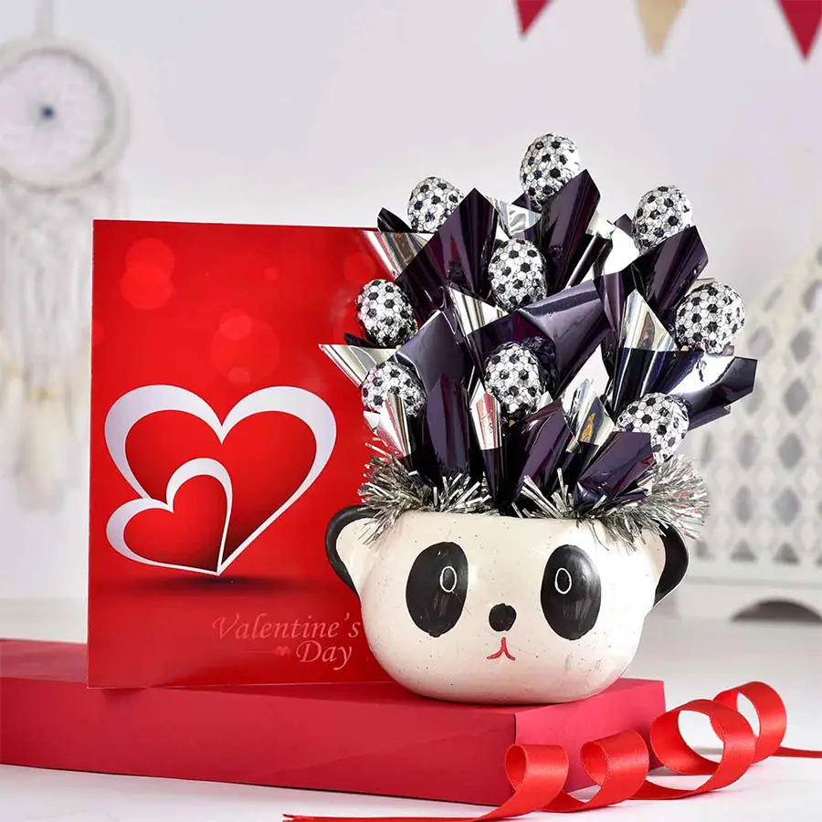 Yummy handmade chocolates in a cute panda planter with a Valentine's Day card