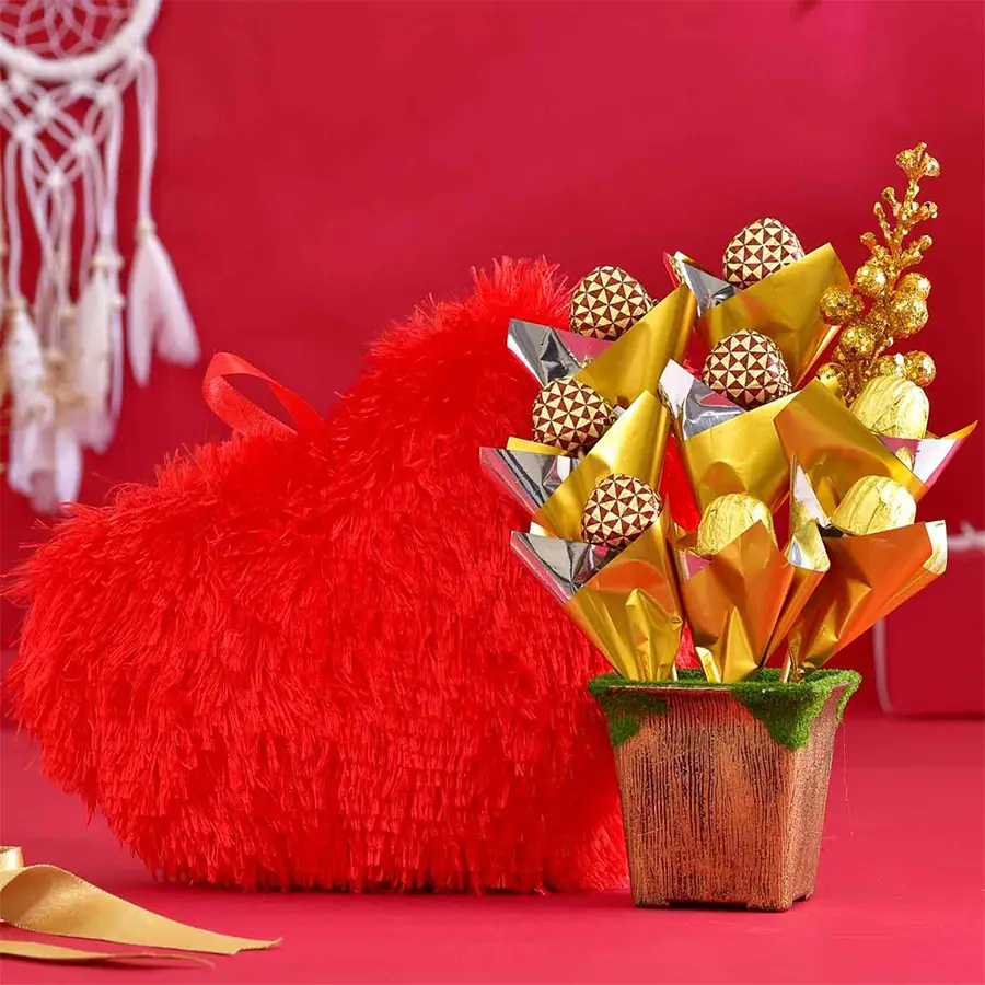 Heartfelt Chocolaty Surprises gift set including 8 homemade chocolates, a metal pot, and a 10-inch red heart soft toy