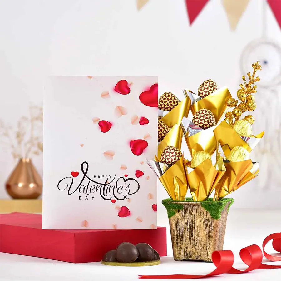 Wholesome Valentines Chocolates Pot Arrangement with 8 homemade chocolates in a charming metal pot and a Valentine’s Day card