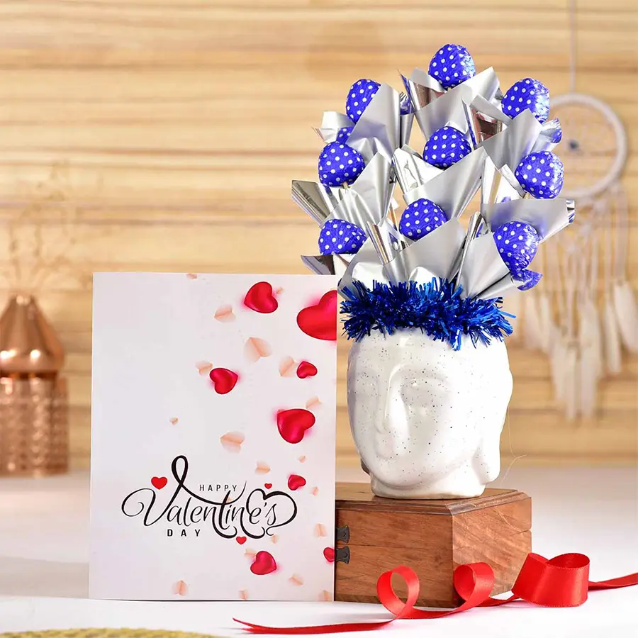 Heavenly Homemade Chocolates arranged in a white ceramic Buddha pot with a Valentine’s Day card