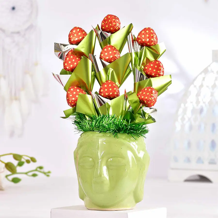 Blissful Buddha Pot filled with 9 handcrafted gourmet chocolates and a Valentine's Day card