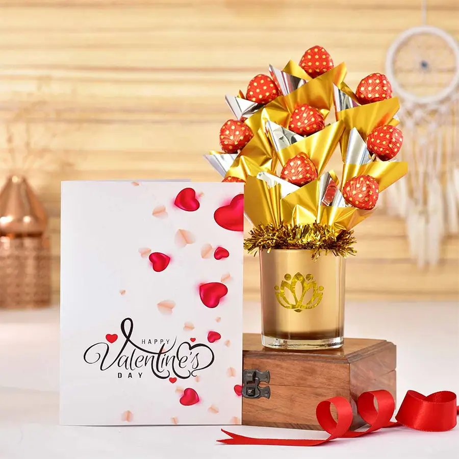 Sumptuous Homemade Chocolates Glass Pot Arrangement with handcrafted chocolates and a Valentine's Day card