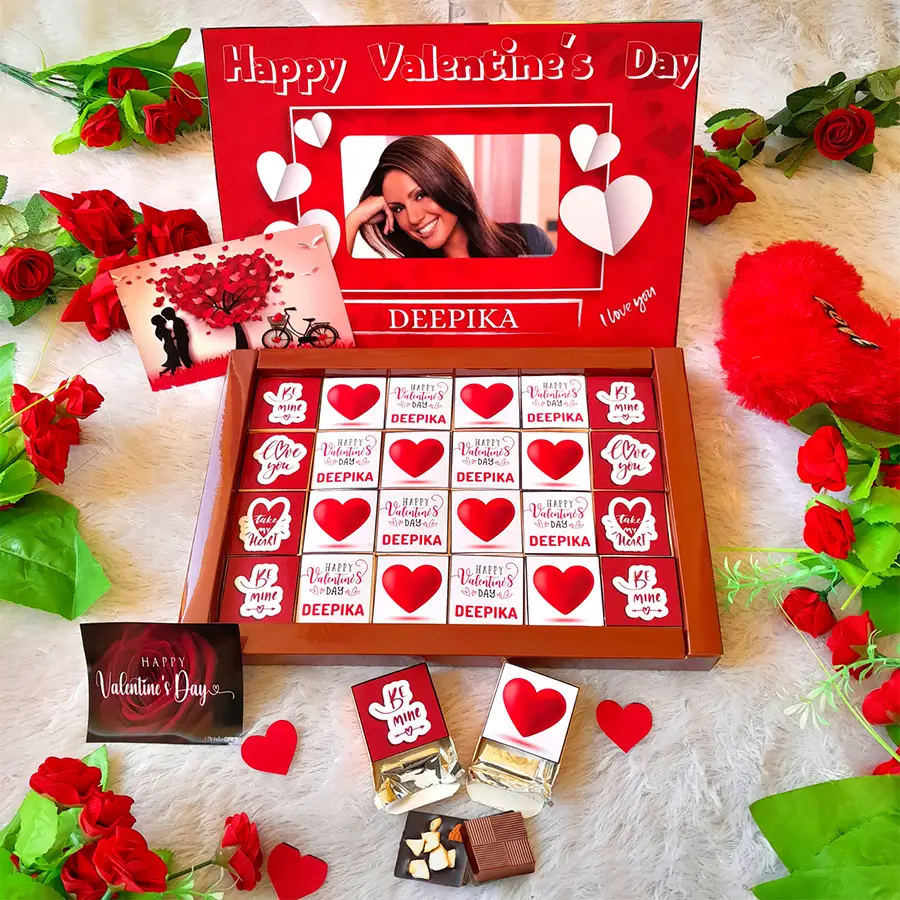 Delightful Chocolates N Personalized Prints Gift Box containing 24 gourmet chocolates with unique flavors and personalized packaging.