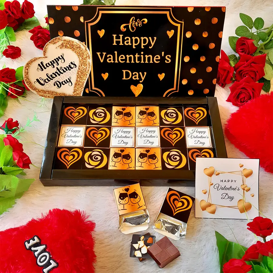 Valentine's Day chocolate gift hamper with assorted chocolates in a decorative box