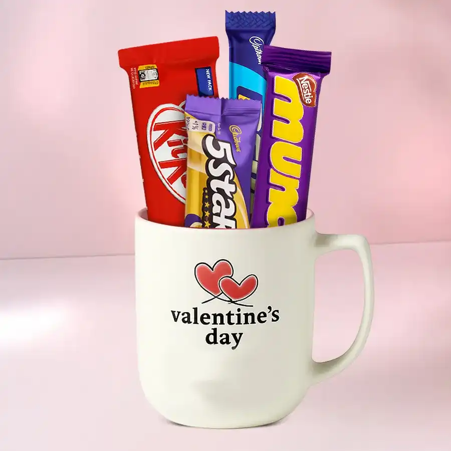 Valentine's Day gift mug with chocolates including Nestle KitKat, Nestle Munch, Cadbury 5 Star, and Perk