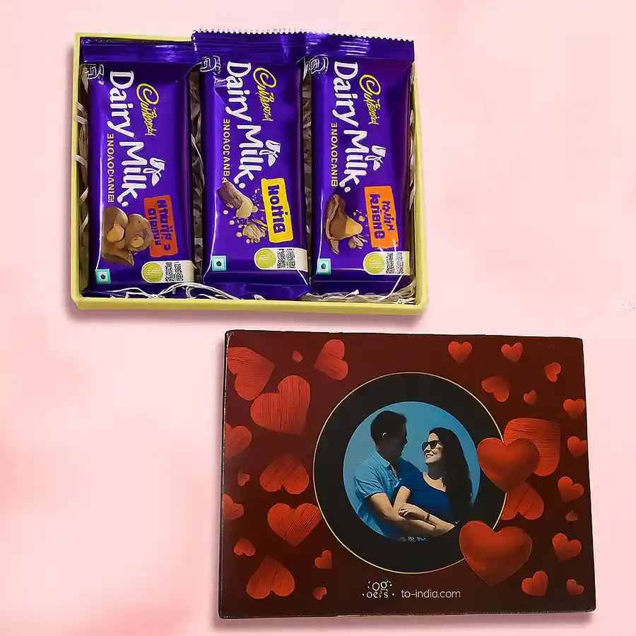 Personalized Chocolate Extravaganza Box featuring three Cadbury Dairy Milk bars and a custom photo gift box